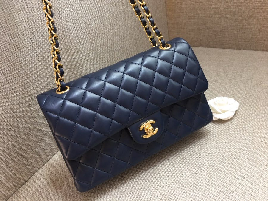 Medium Classic Flap Lambskin Bag AO1112 Dark Blue/Gold